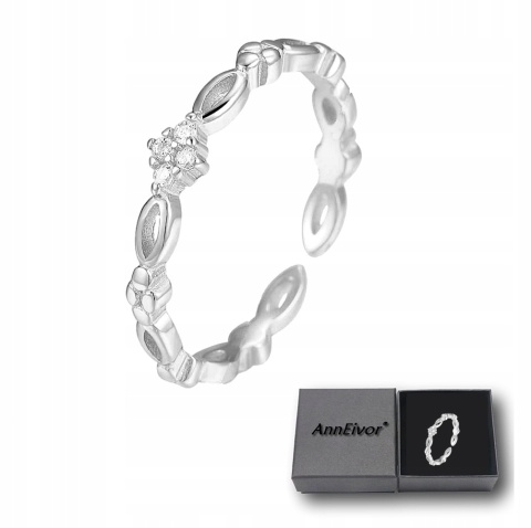 Pierścionek Cienki Srebrny Regulowany 925 Kryształki Diamentowe Ornament