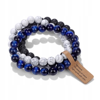 Zestaw 3 Bransoletki 8 mm Kamień Wulkaniczny Biały Howlit Blue Tygrysie Oko
