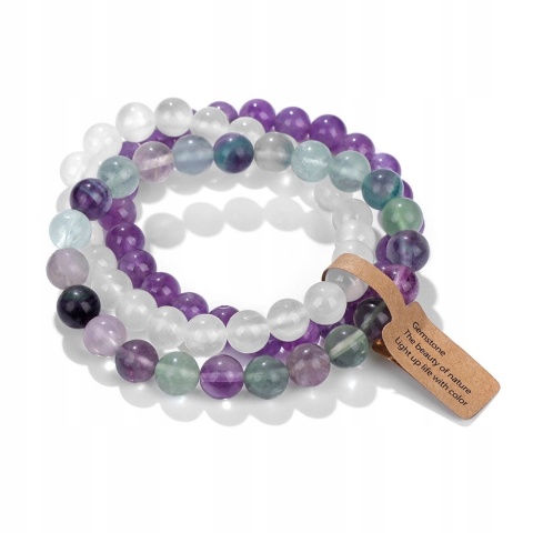 Zestaw 3 Bransoletki 8 mm Kamień Ametyst Biały Chalcedon Fluoryt Lucite