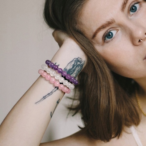Zestaw 3 Bransoletki 8 mm Kamień Ametyst Biały Chalcedon Fluoryt Lucite