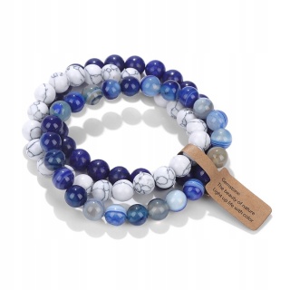 Zestaw 3 Bransoletki 8 mm Kamień Biały Howlit Lapis Lazuli Niebieski Agat