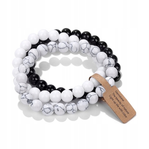 Zestaw 3 Bransoletki 8 mm Kamień Biały Howlit Porcelana Czarny Onyks
