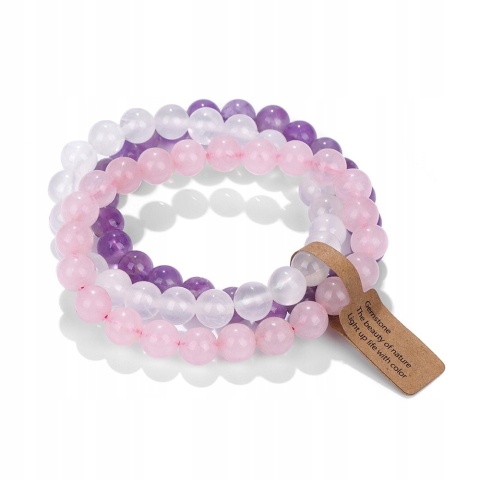 Zestaw 3 Bransoletki 8 mm Kamień Naturalny Zielony Biały Fiolet Chalcedon