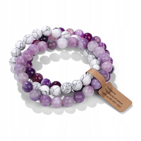 Zestaw 3 Bransoletki 8mm Kamień Naturalny Biały Howlit Fioletowy Agat Lilac