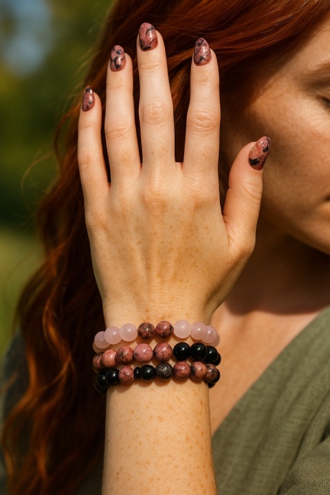 Zestaw 3 Bransoletki 8mm Kamień Naturalny Kwarc Różowy Rodonit Czarny Onyks