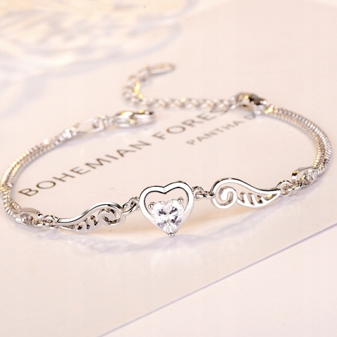 Bransoletka Damska Srebrna Łańcuszki Serduszka Skrzydła Anioła Kryształki