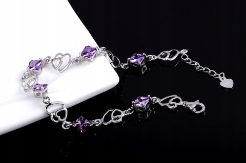 Bransoletka Damska Srebrna Lawendowe Kryształki Splecione Serca Na Prezent