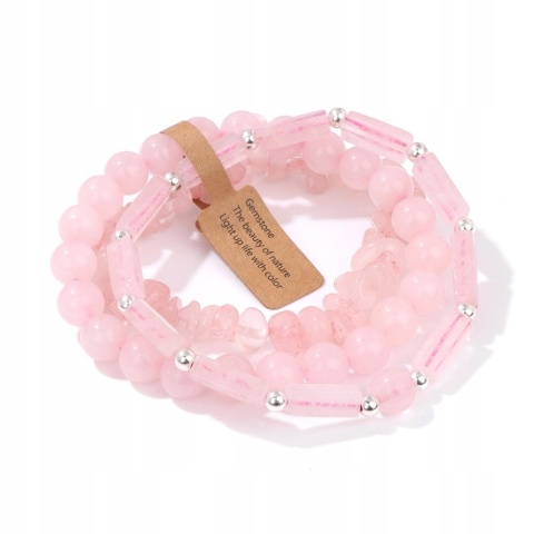 Zestaw 3 x Bransoletka 5-8 mm Kamień Kwarc Różowy Rose Pink Quartz Uniseks