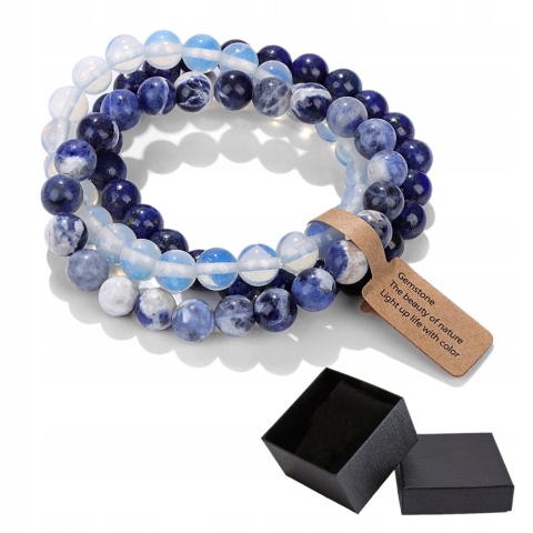 Zestaw 3 Bransoletki 8 mm Biały Turkus Lapis Lazuli Niebieski Agat Pasiasty