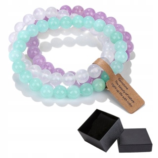 Zestaw 3 Bransoletki 8mm Kamień Naturalny Zielony Biały Fioletowy Chalcedon