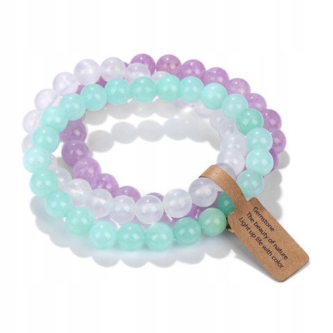 Zestaw 3 Bransoletki 8mm Kamień Naturalny Zielony Biały Fioletowy Chalcedon