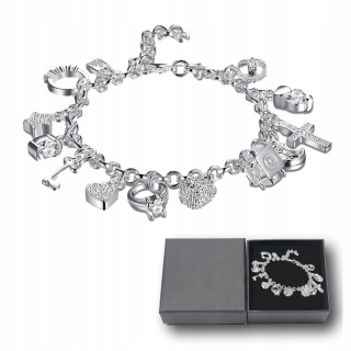 Bransoletka Damska Srebrna Łańcuszki 13 Zawieszek Charms 925 Kryształki