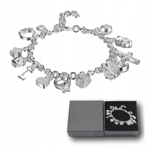 Bransoletka Damska Srebrna Łańcuszki 13 Zawieszek Charms 925 Kryształki