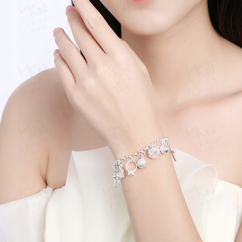Bransoletka Damska Srebrna Łańcuszki 13 Zawieszek Charms 925 Kryształki