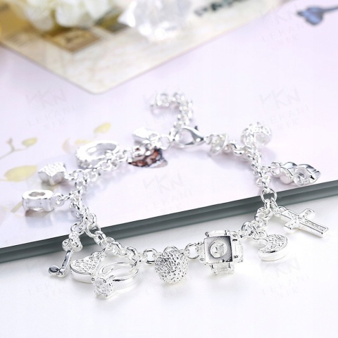Bransoletka Damska Srebrna Łańcuszki 13 Zawieszek Charms 925 Kryształki