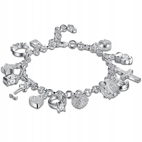 Bransoletka Damska Srebrna Łańcuszki 13 Zawieszek Charms 925 Kryształki